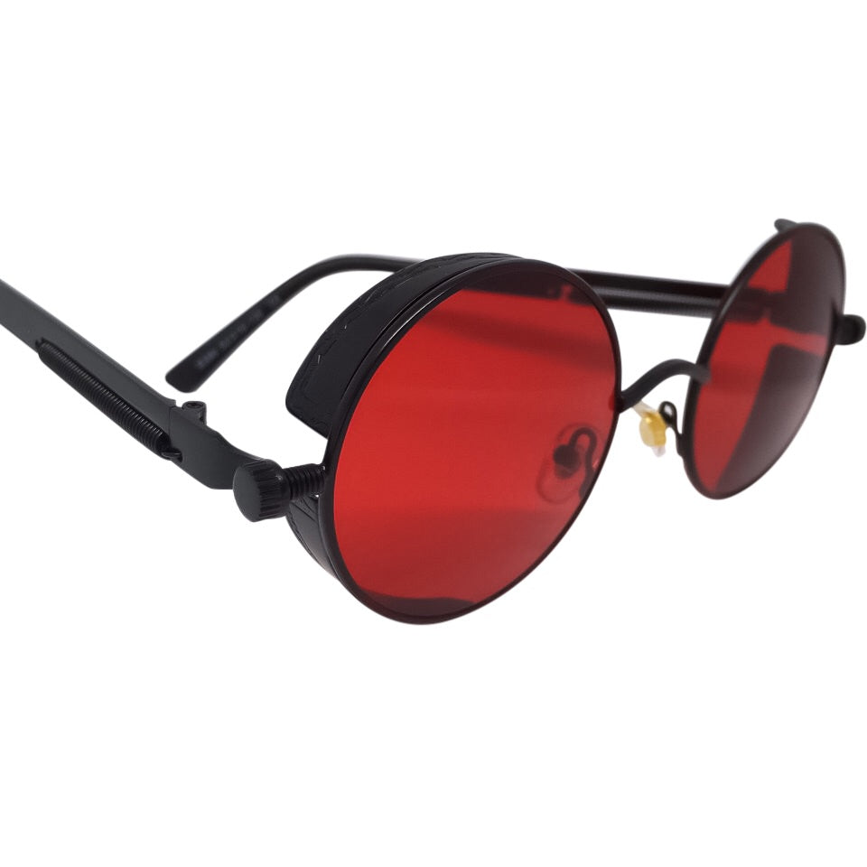 Framed Red x Black Sunglasses showcasing a stylish design with metal and acrylic materials, perfect for unisex wear.