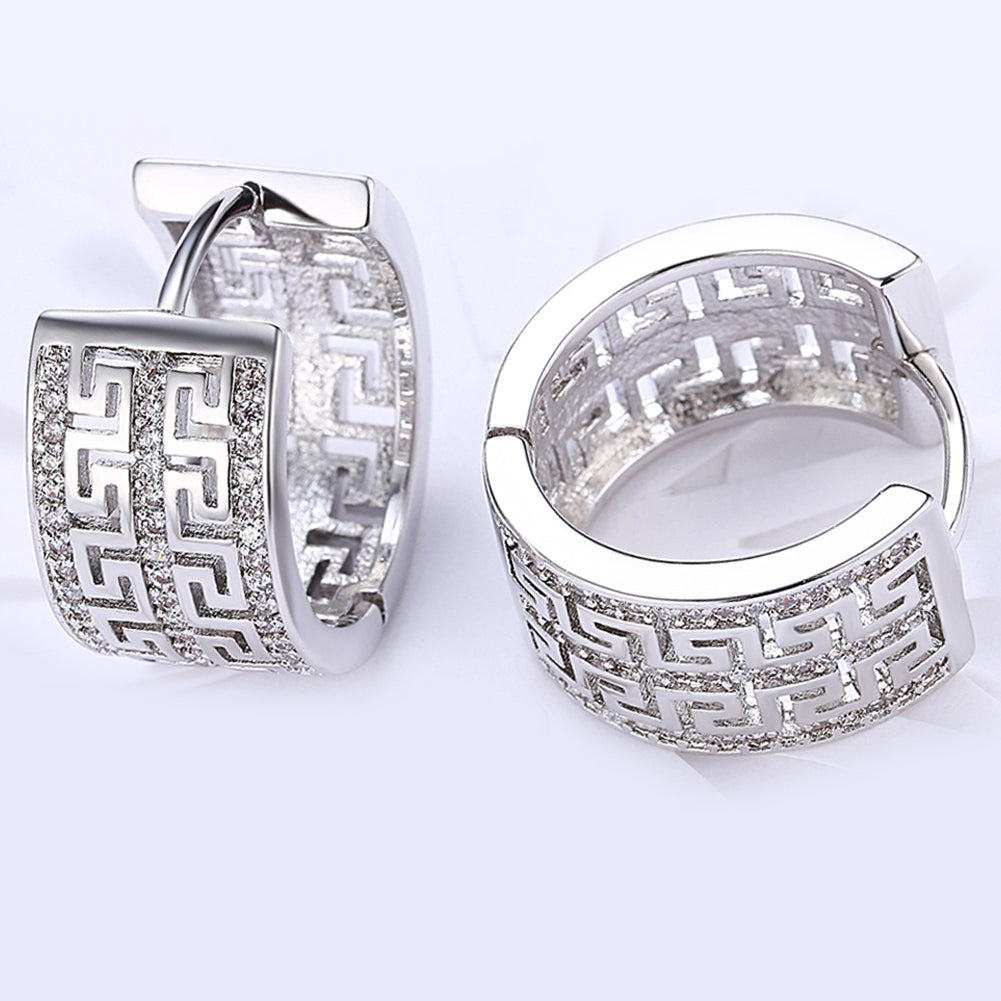 Elegant French Twist Design Huggie Earring in 18K White Gold Plated with sparkling crystals, displayed in a white gift box.