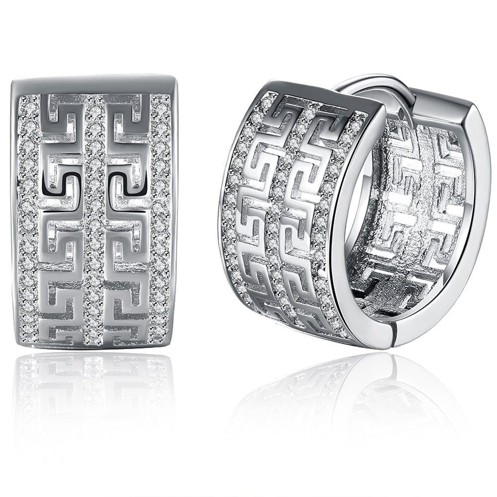 Elegant French Twist Design Huggie Earring in 18K White Gold Plated with sparkling crystals, displayed in a white gift box.