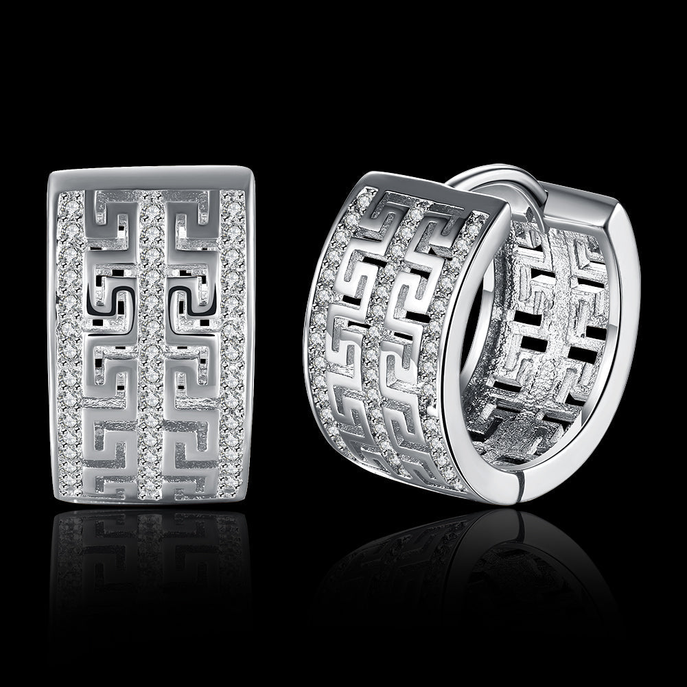 Elegant French Twist Design Huggie Earring in 18K White Gold Plated with sparkling crystals, displayed in a white gift box.