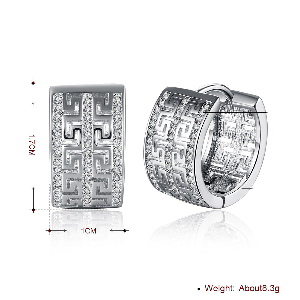 Elegant French Twist Design Huggie Earring in 18K White Gold Plated with sparkling crystals, displayed in a white gift box.
