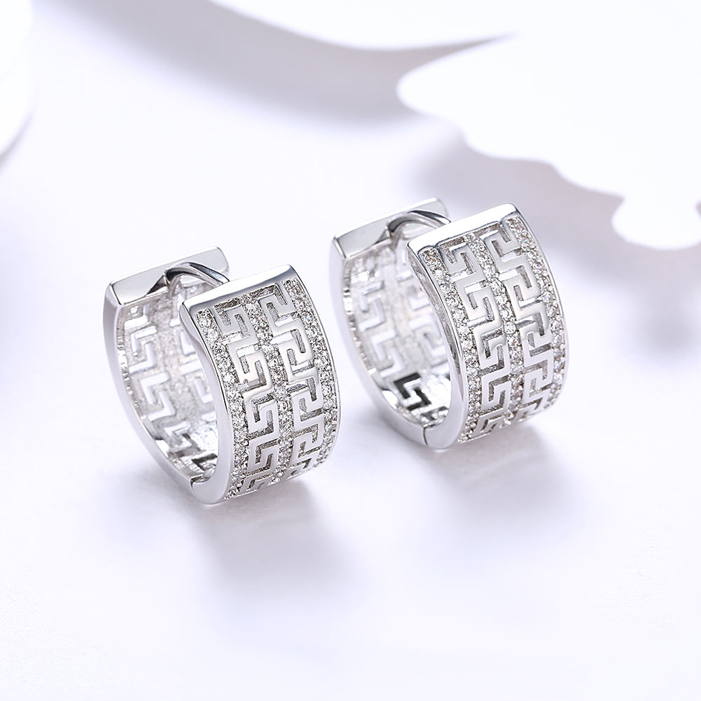 Elegant French Twist Design Huggie Earring in 18K White Gold Plated with sparkling crystals, displayed in a white gift box.