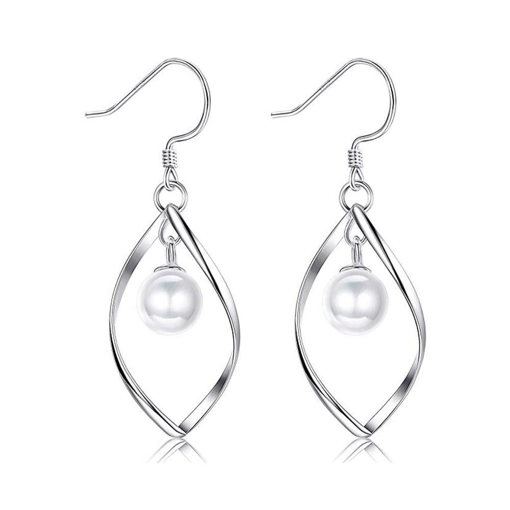 Elegant Freshwater Pearl Dangle Earrings in 18K White Gold Plated, featuring lustrous pearl drops in a swooping silver-tone setting.