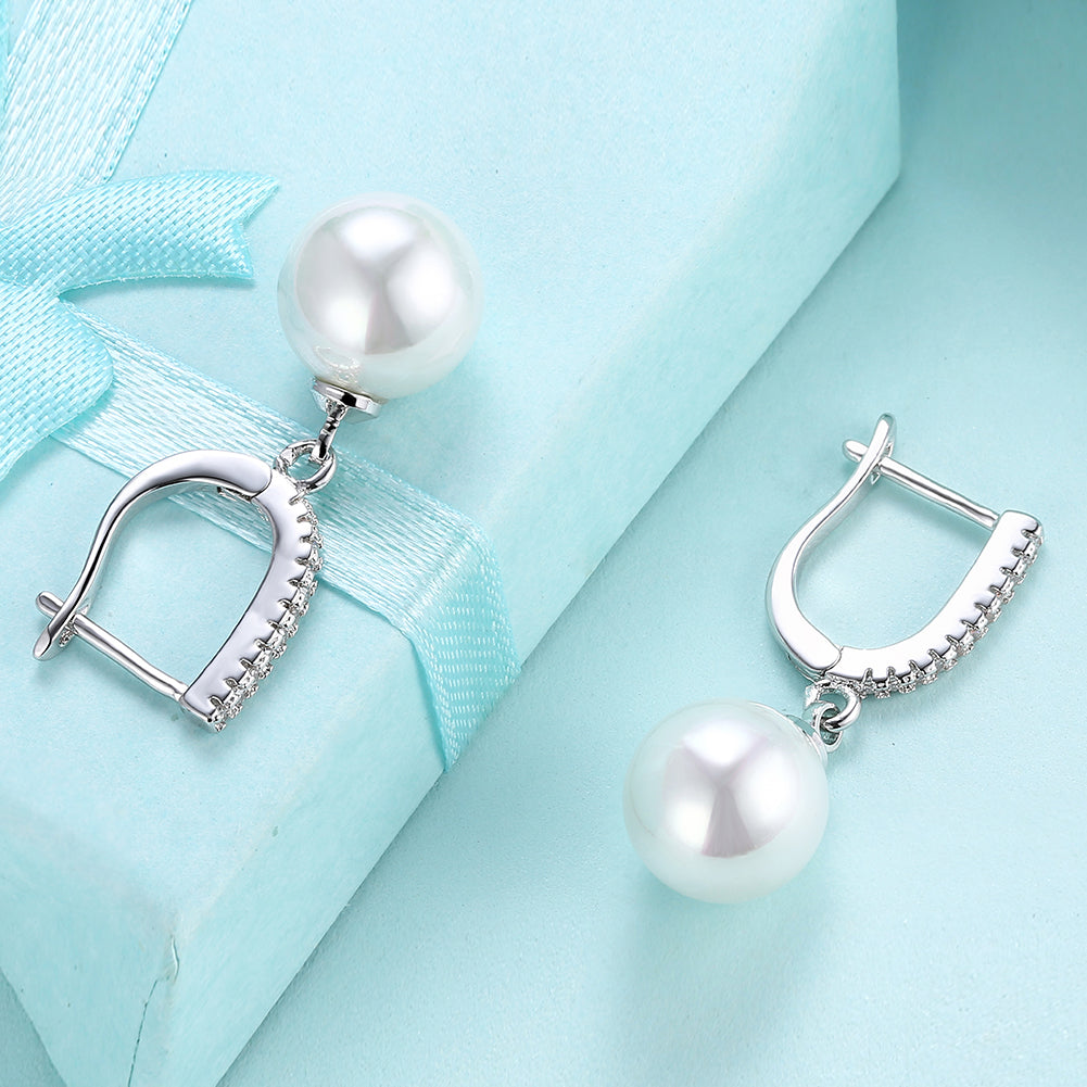 Elegant freshwater pearl drop earrings in 18K white gold plating with crystals, displayed in a white gift box.