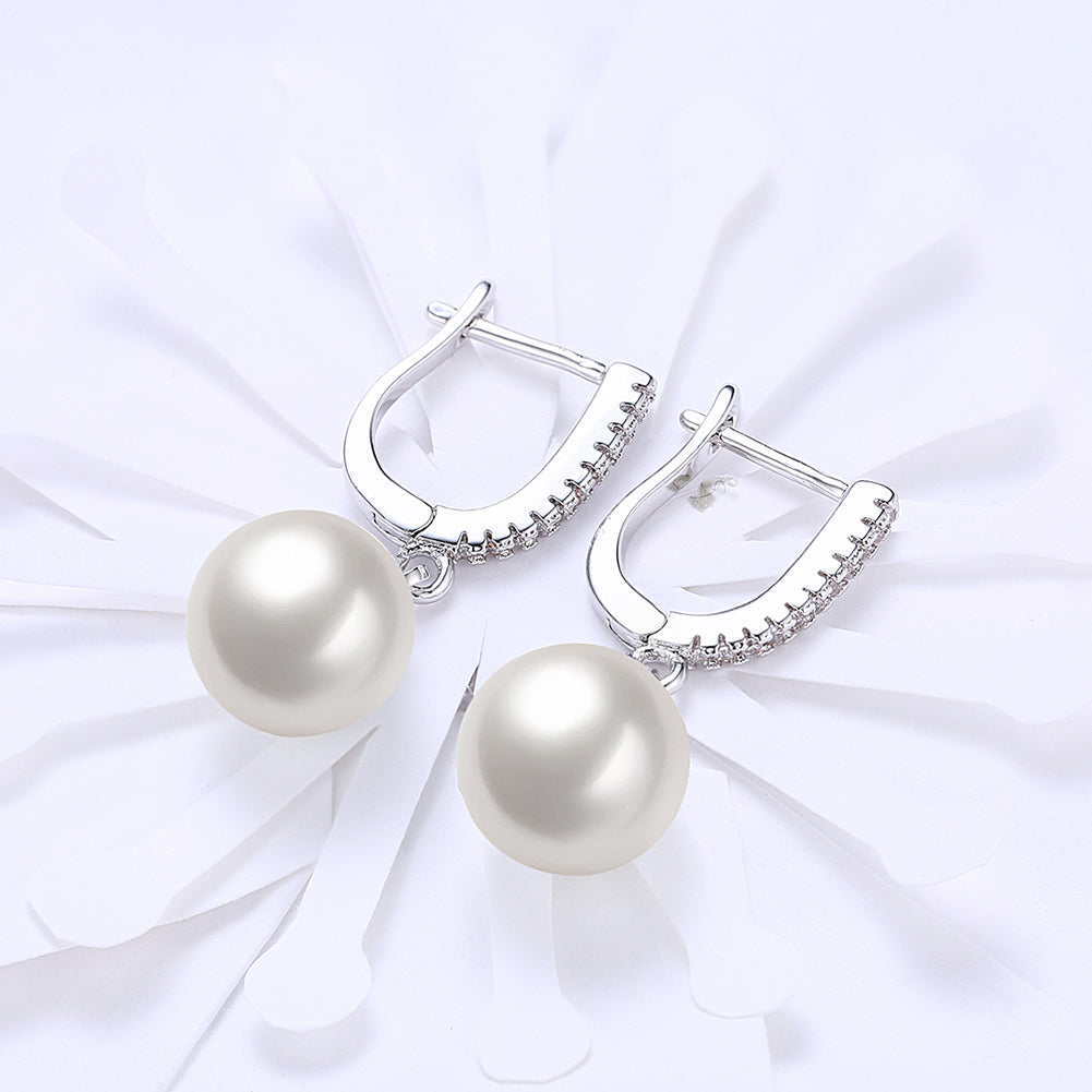 Elegant freshwater pearl drop earrings in 18K white gold plating with crystals, displayed in a white gift box.