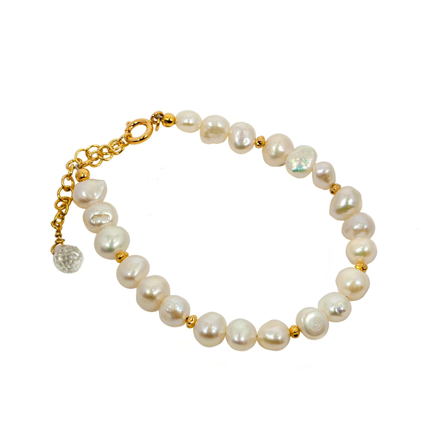 A stylish Freshwater Pearl Gold Chain Bracelet featuring baroque pearls and a quartz briolette accent, elegantly displayed on a soft surface.