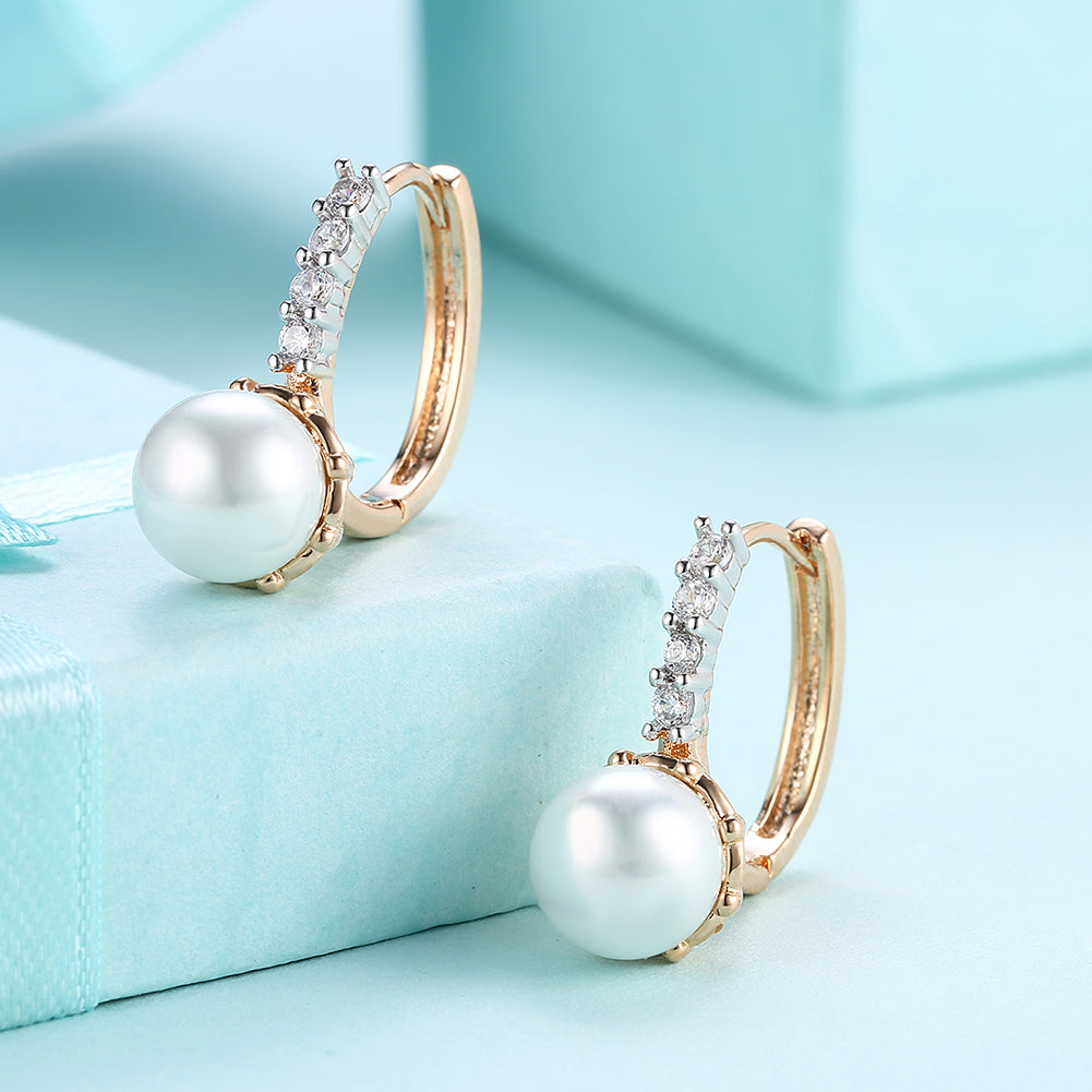 Elegant freshwater pearl leverback earrings in 18K gold plating with sparkling crystals, displayed in a white gift box.