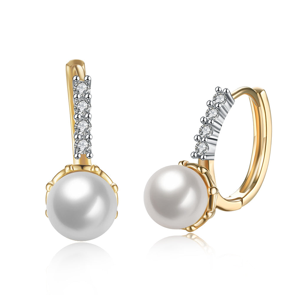 Elegant freshwater pearl leverback earrings in 18K gold plating with sparkling crystals, displayed in a white gift box.