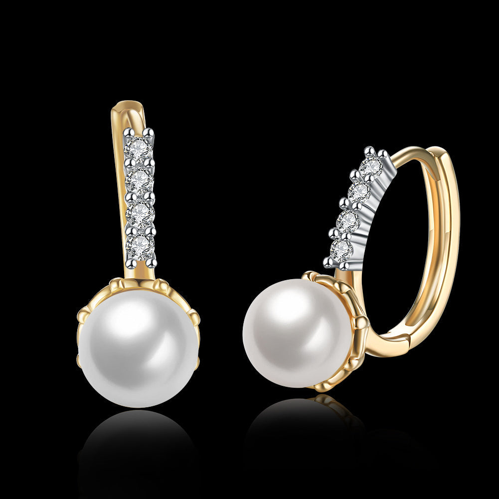 Elegant freshwater pearl leverback earrings in 18K gold plating with sparkling crystals, displayed in a white gift box.