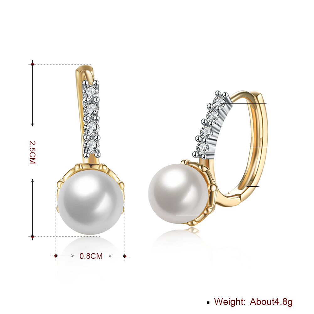 Elegant freshwater pearl leverback earrings in 18K gold plating with sparkling crystals, displayed in a white gift box.