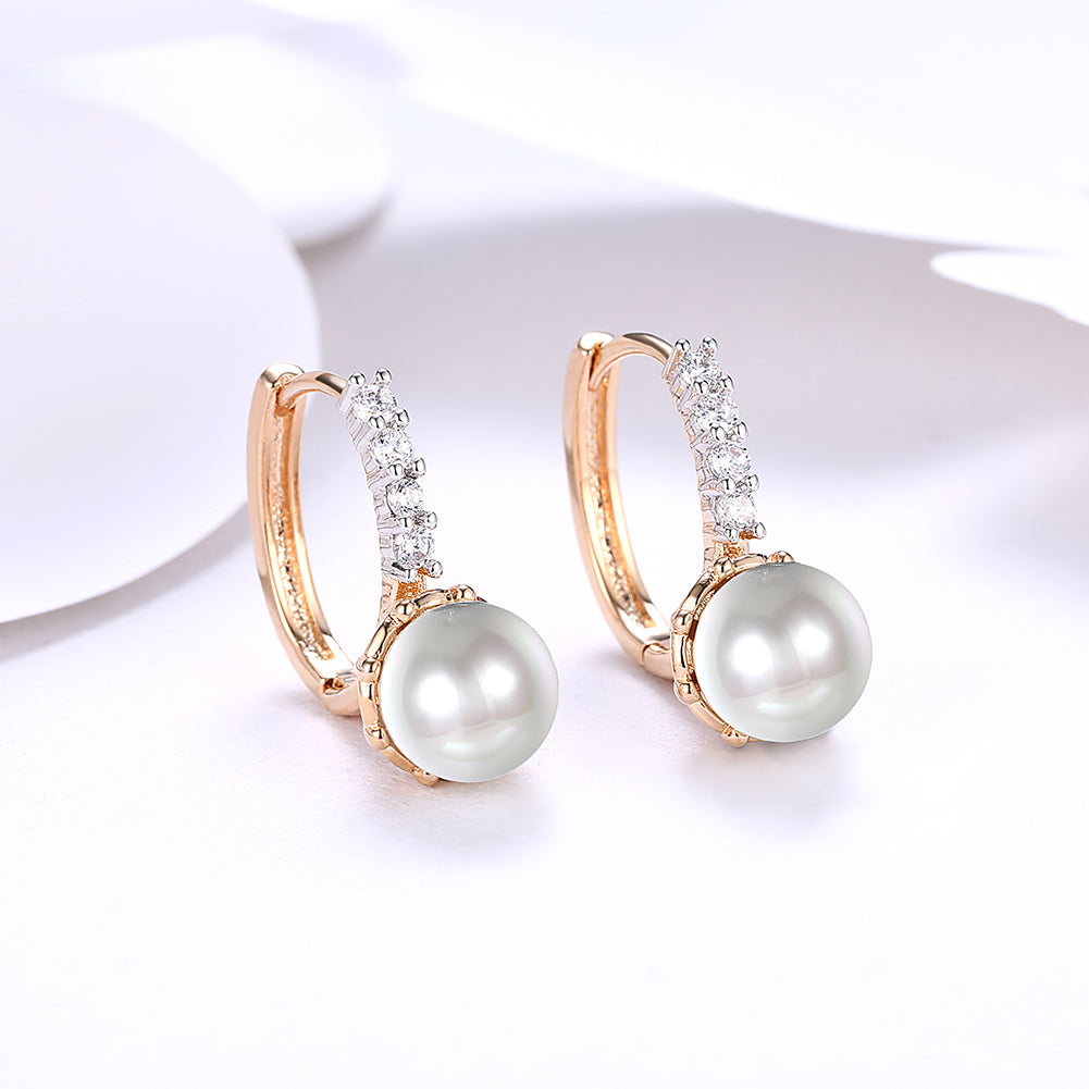 Elegant freshwater pearl leverback earrings in 18K gold plating with sparkling crystals, displayed in a white gift box.