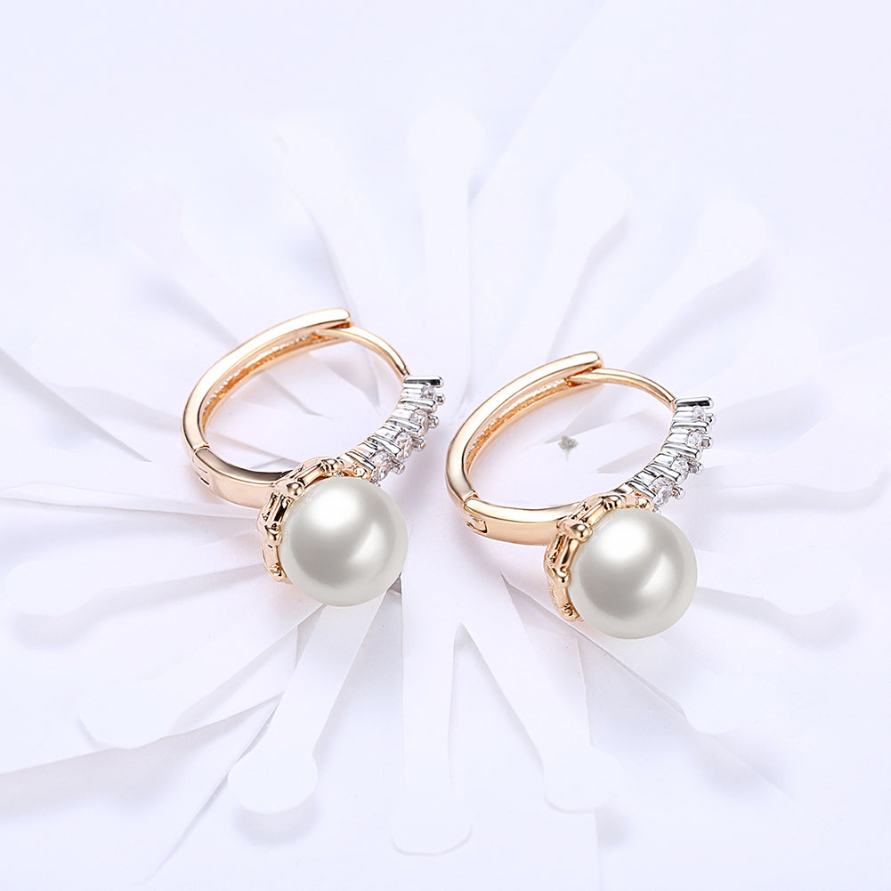 Elegant freshwater pearl leverback earrings in 18K gold plating with sparkling crystals, displayed in a white gift box.
