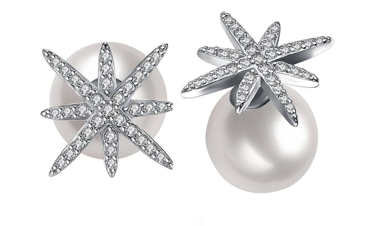 Elegant Freshwater Pearl White Sapphire Pavé Starburst Studs in 14K White Gold, showcasing a unique starburst design with shimmering sapphires.