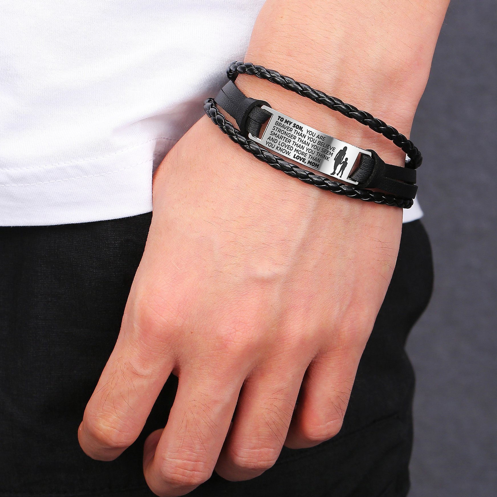 From Mom to Son Steel & Leather Style Bracelet featuring engraved message and faux leather strap.