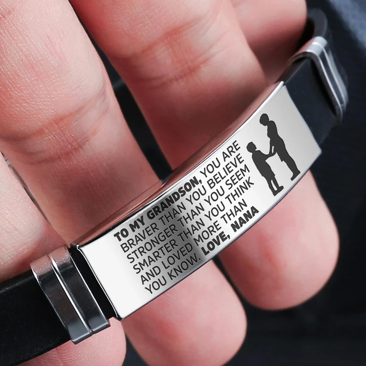 A stylish steel and silicone bracelet engraved with a heartfelt message from Nana to her grandson, showcasing its premium quality and design.