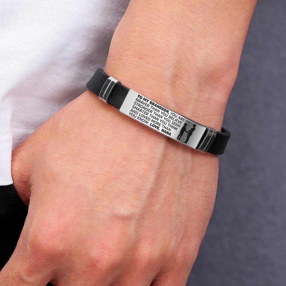 A stylish steel and silicone bracelet engraved with a heartfelt message from Nana to her grandson, showcasing its premium quality and design.