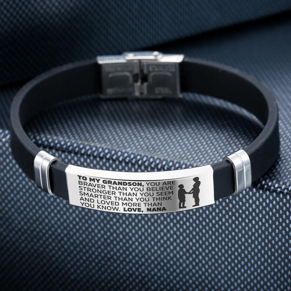 A stylish steel and silicone bracelet engraved with a heartfelt message from Nana to her grandson, showcasing its premium quality and design.