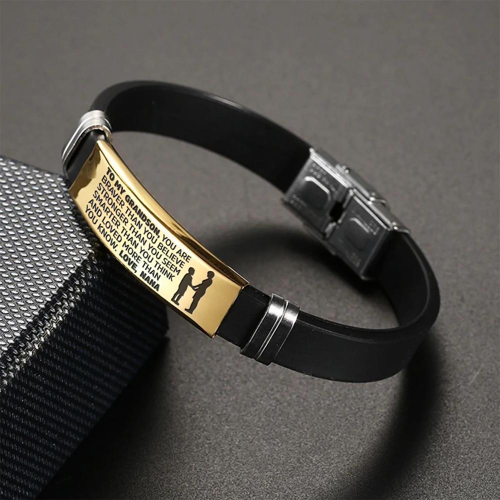A stylish steel and silicone bracelet engraved with a heartfelt message from Nana to her grandson, showcasing its premium quality and design.