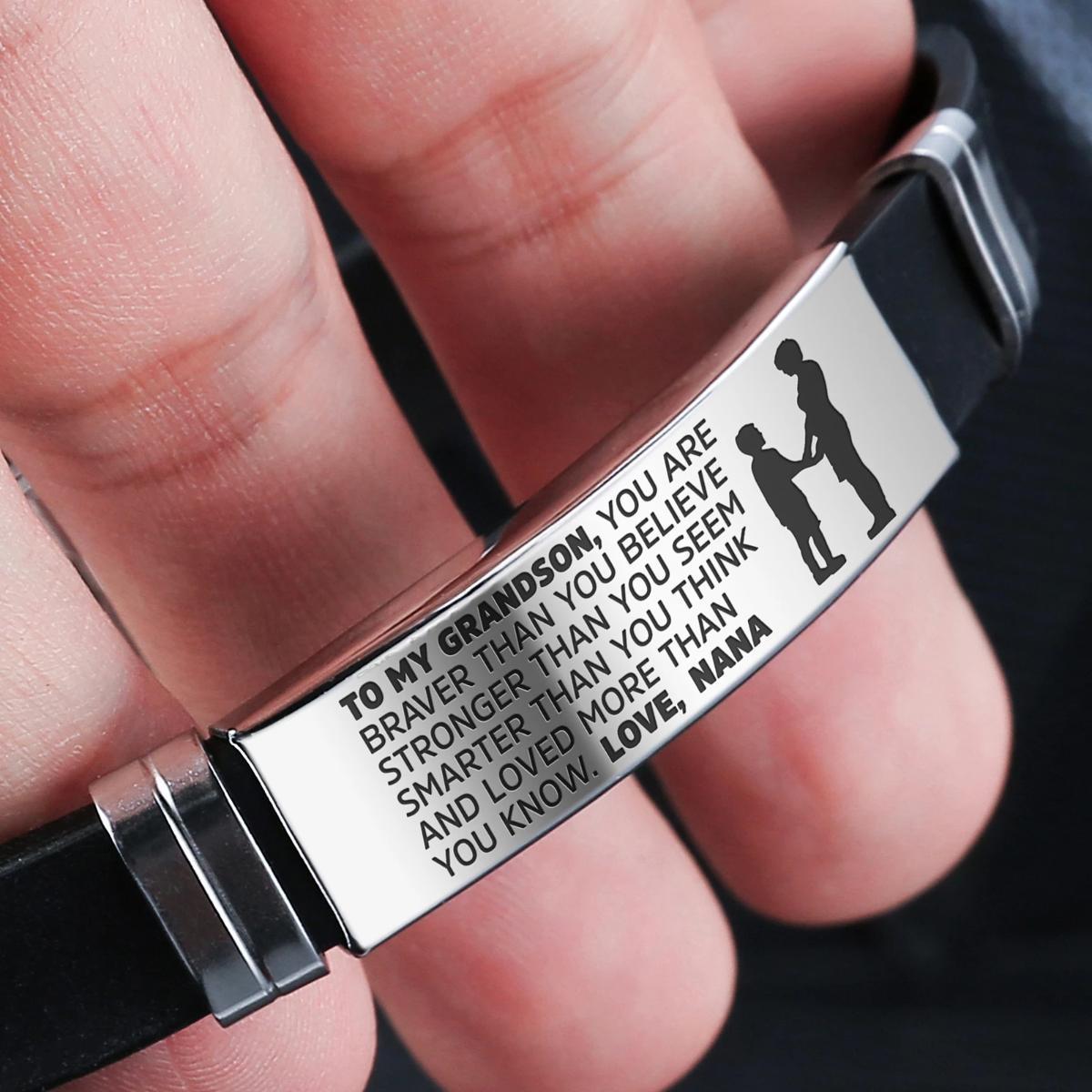 A stylish steel and silicone bracelet engraved with a heartfelt message from Nana to her grandson, showcasing its premium quality and design.