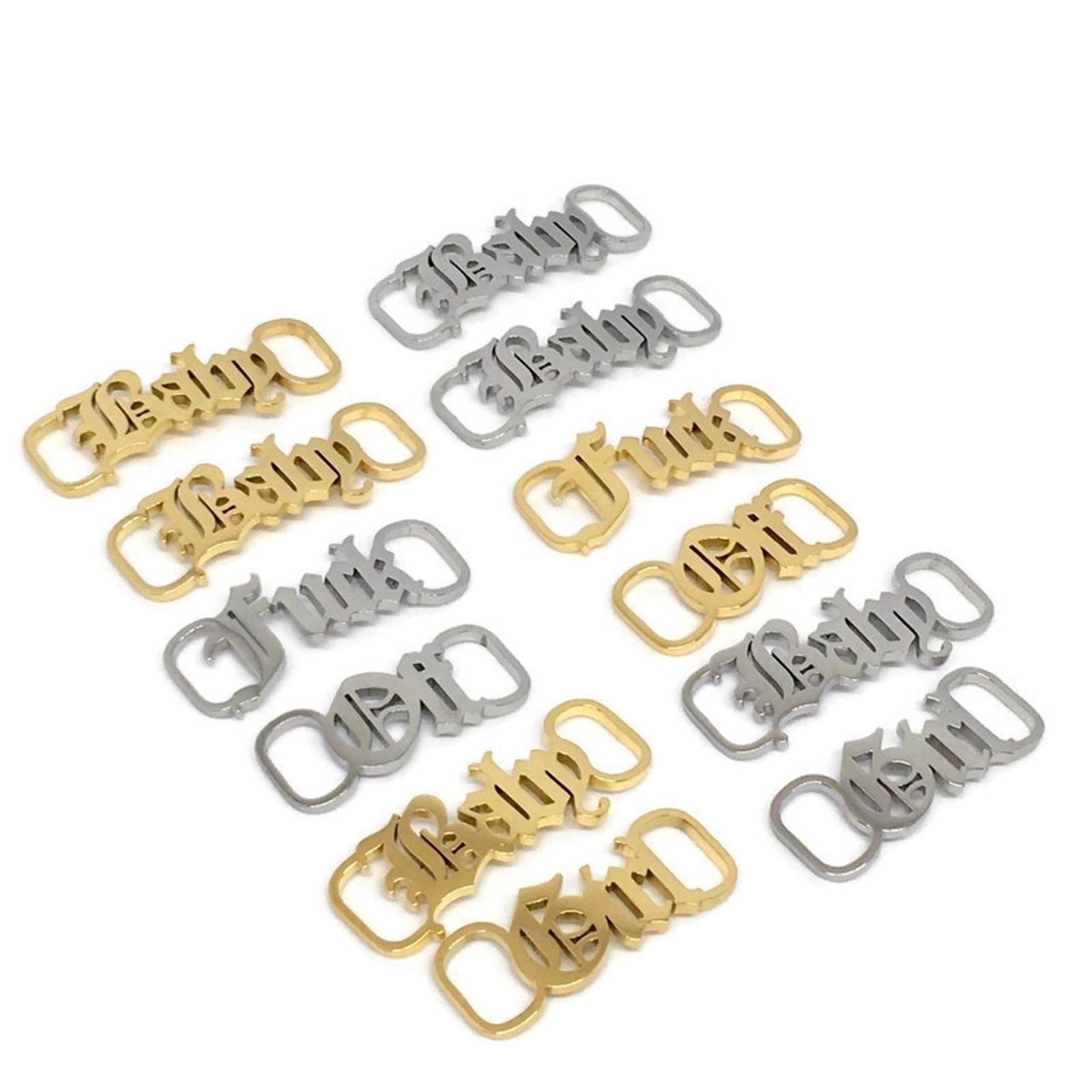 A pair of stainless steel Fuck Off Shoelace Buckles in various colors, showcasing their sleek design and durability.