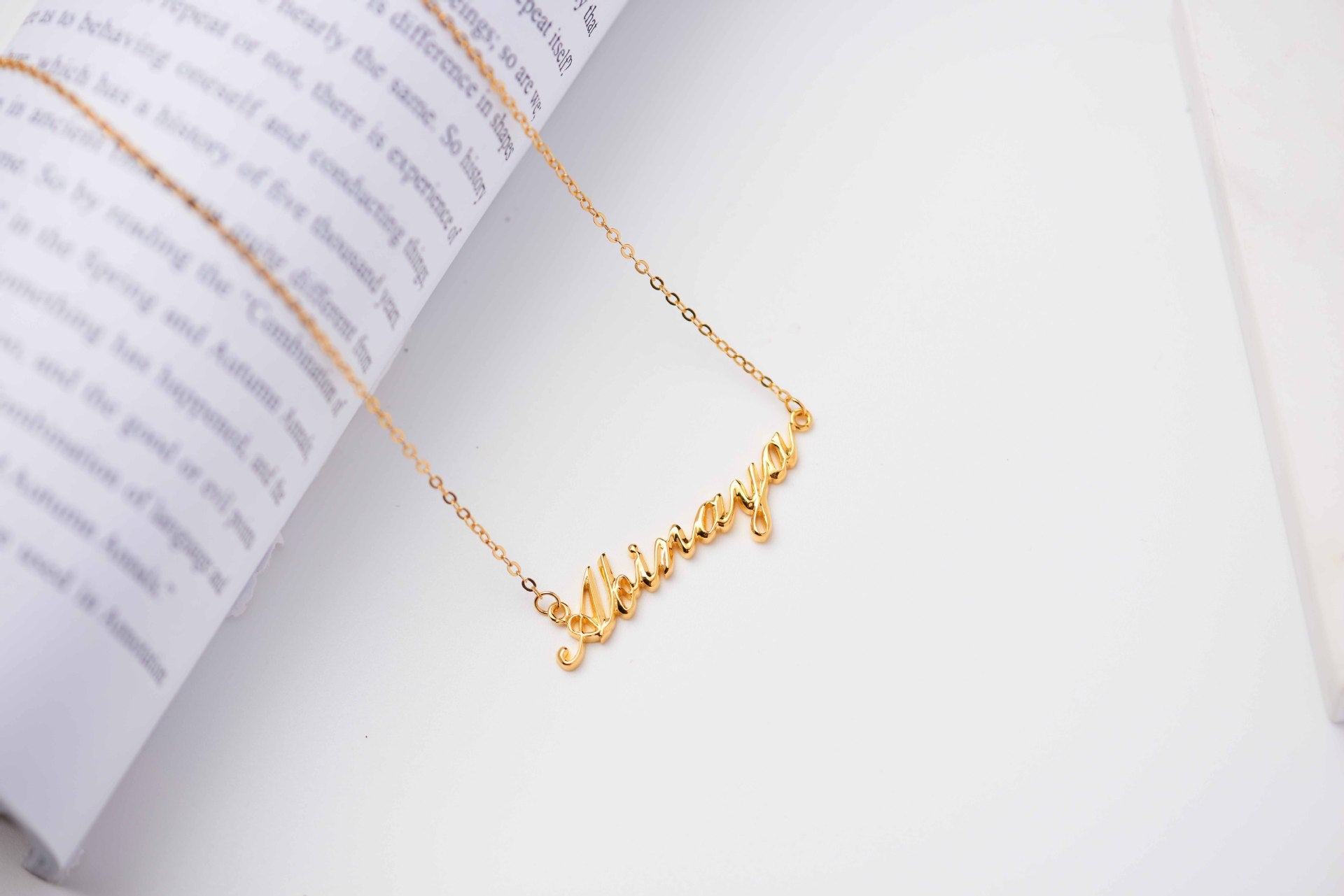 A beautiful Full Silver Name Necklace showcasing personalized name in elegant font, available in silver, gold, and rose gold.