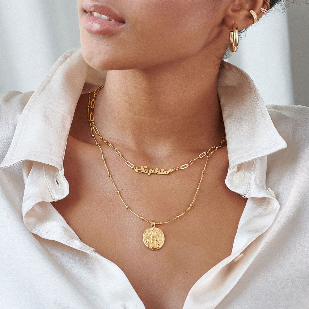 Full Silver Vintage Name Necklace showcasing personalized name in elegant font, available in silver, gold, and rose gold finishes.