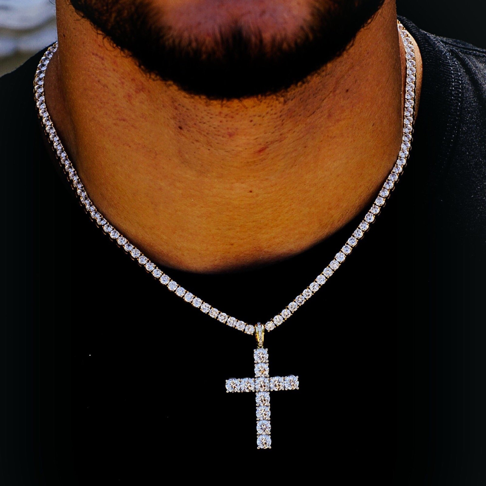 GALORE 3 MM Tennis Bundle featuring a sparkling cubic zirconia necklace with a cross pendant, showcasing its elegant design and craftsmanship.