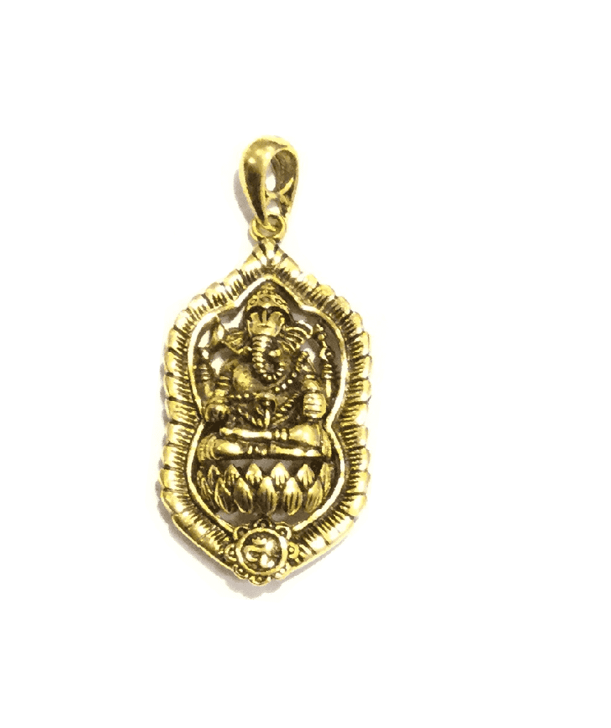 Handmade Lord Ganesha pendant in brass with silver plating, intricately etched design, perfect for festivals and daily wear.