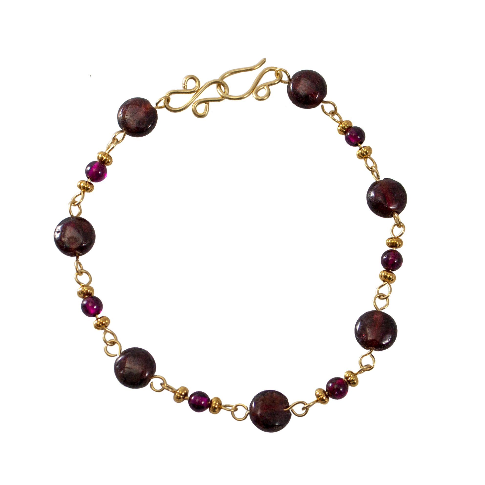 Garnet 14k Gold Filled Chain Bracelet featuring garnet gemstones and gold accents, elegantly displayed on a soft surface.
