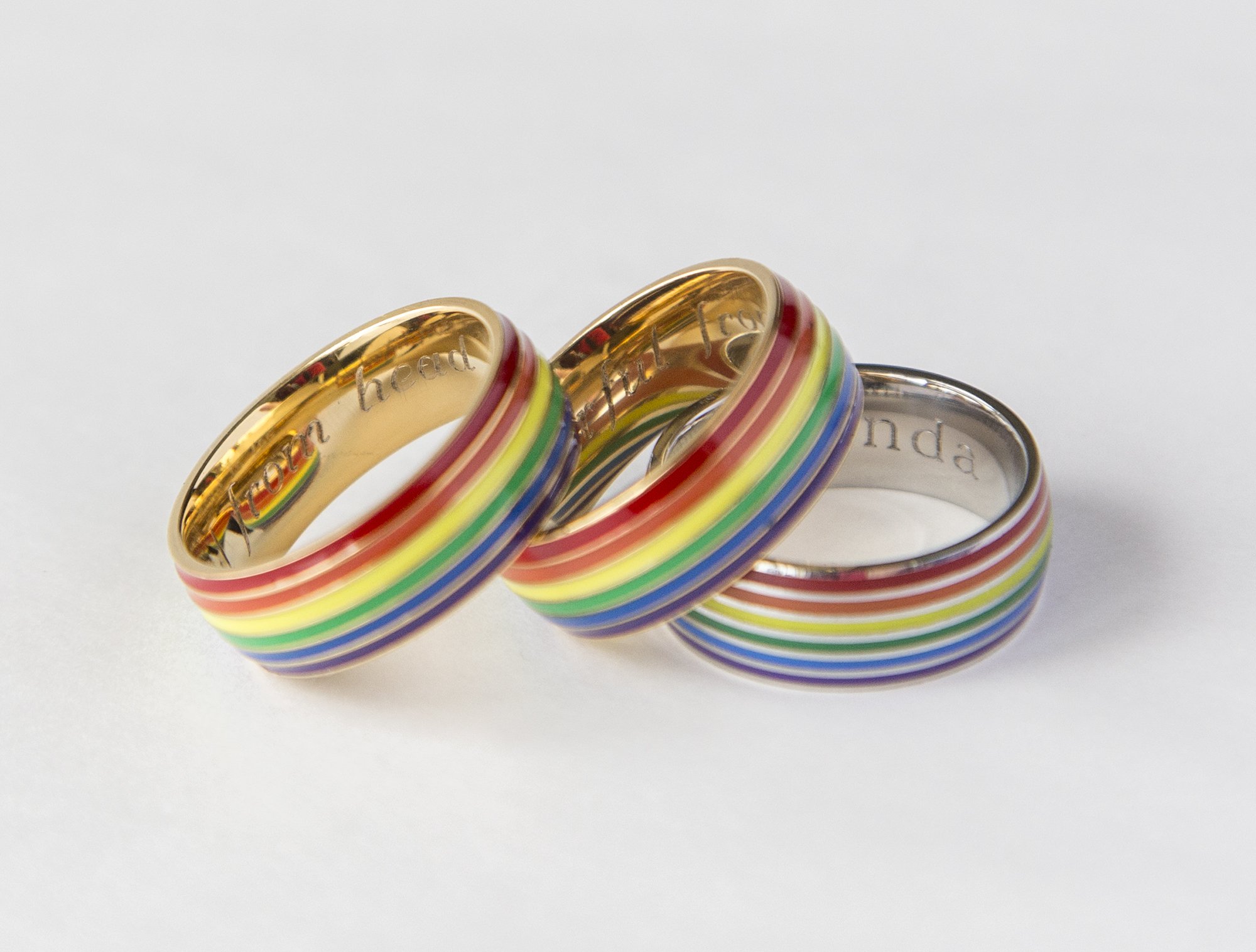 Gay Pride Rainbow Ring made of stainless steel with vibrant enamel colors, featuring an engraved interior for personalization.