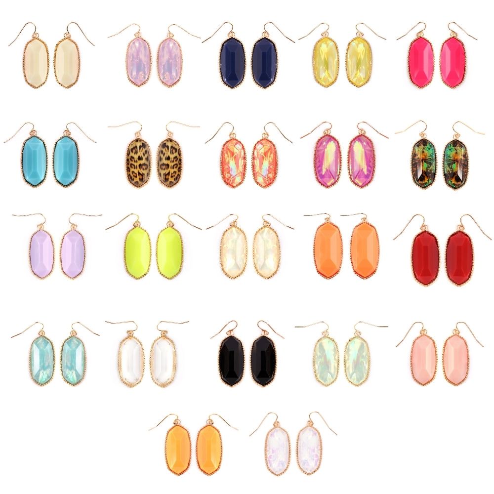 A pair of elegant Gem Cut Small Drop Earrings in various colors, showcasing their unique design and lightweight structure.