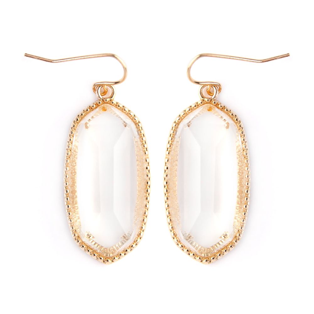A pair of elegant Gem Cut Small Drop Earrings in various colors, showcasing their unique design and lightweight structure.