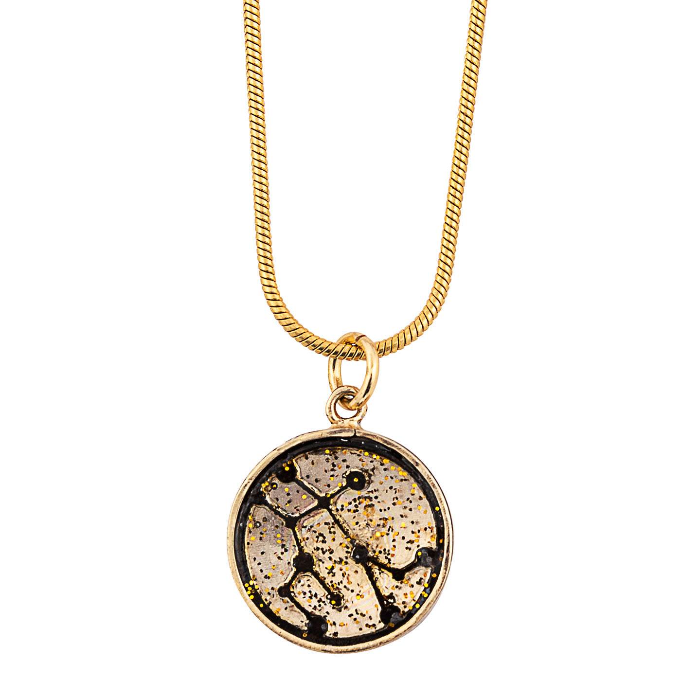 Gemini Zodiac Sign Sustainable Necklace featuring a gold plated brass pendant with recycled wood and plant resin, showcasing intricate craftsmanship.