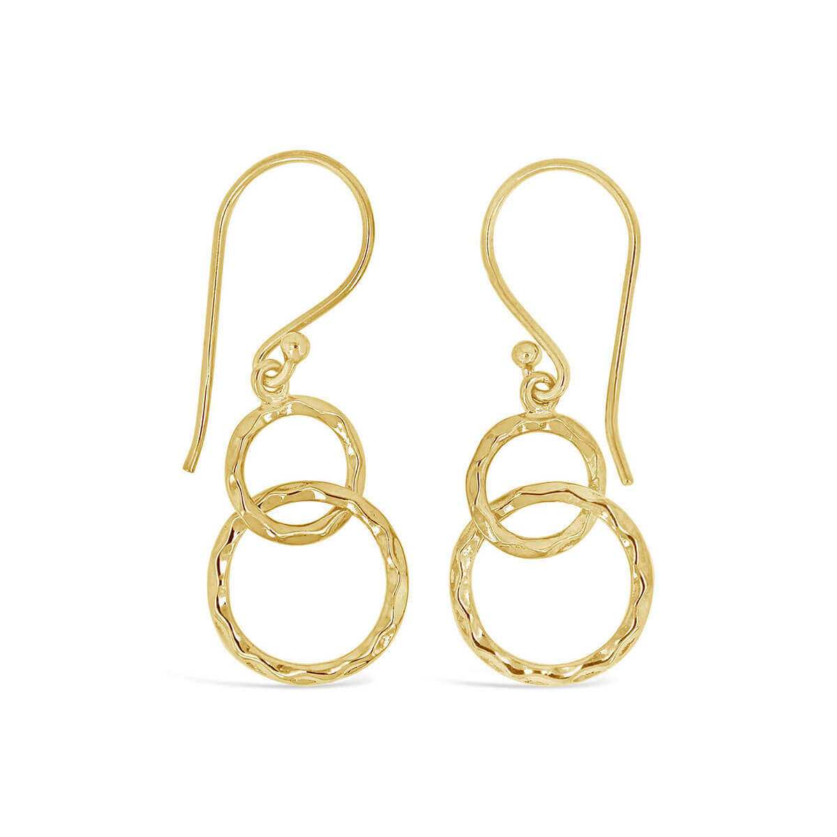 Elegant dangle earrings featuring intertwined circles with a hammered finish, set on French hook backings.