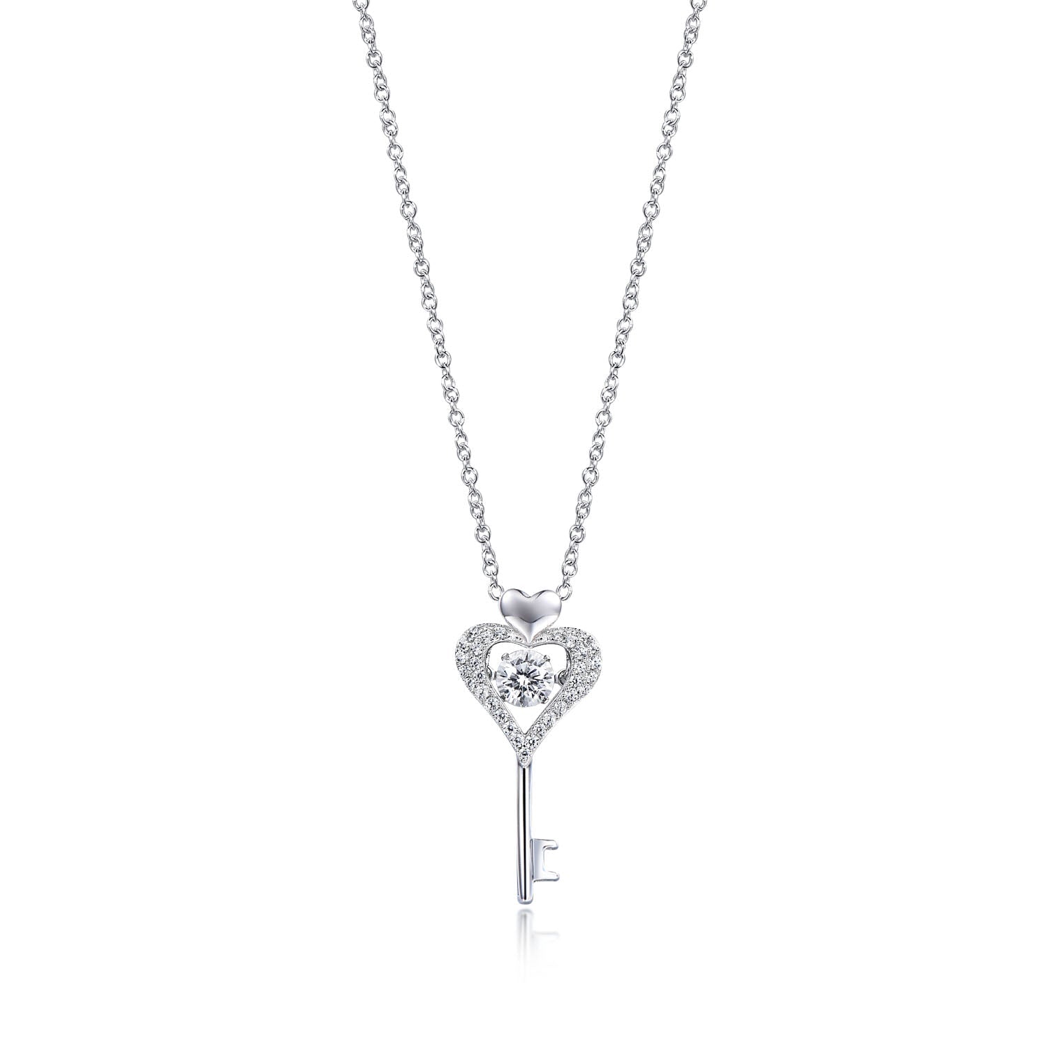 A beautiful Gemstone Key Necklace featuring a white sapphire set in 925 sterling silver with a white gold finish, elegantly displayed on a soft background.