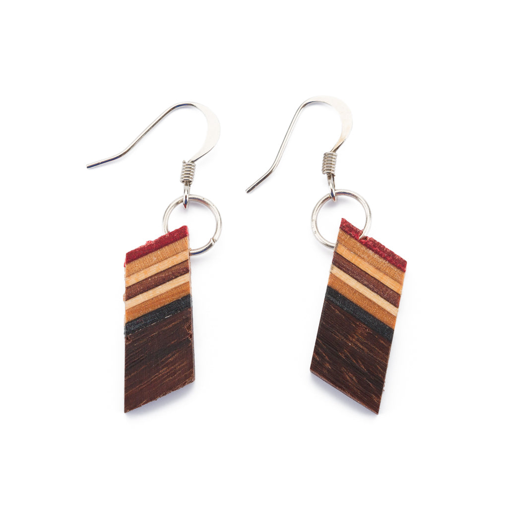 Colorful Genjang Recycled Skateboard Dangle Earrings made from upcycled skateboards, showcasing unique patterns and lightweight design.