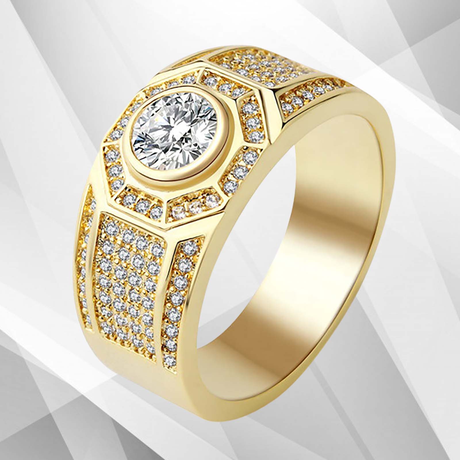 Gents 1.68Ct Total 113 CZ Diamonds Mens Band Ring in 18Ct Yellow Gold, showcasing exquisite pave and cluster settings.