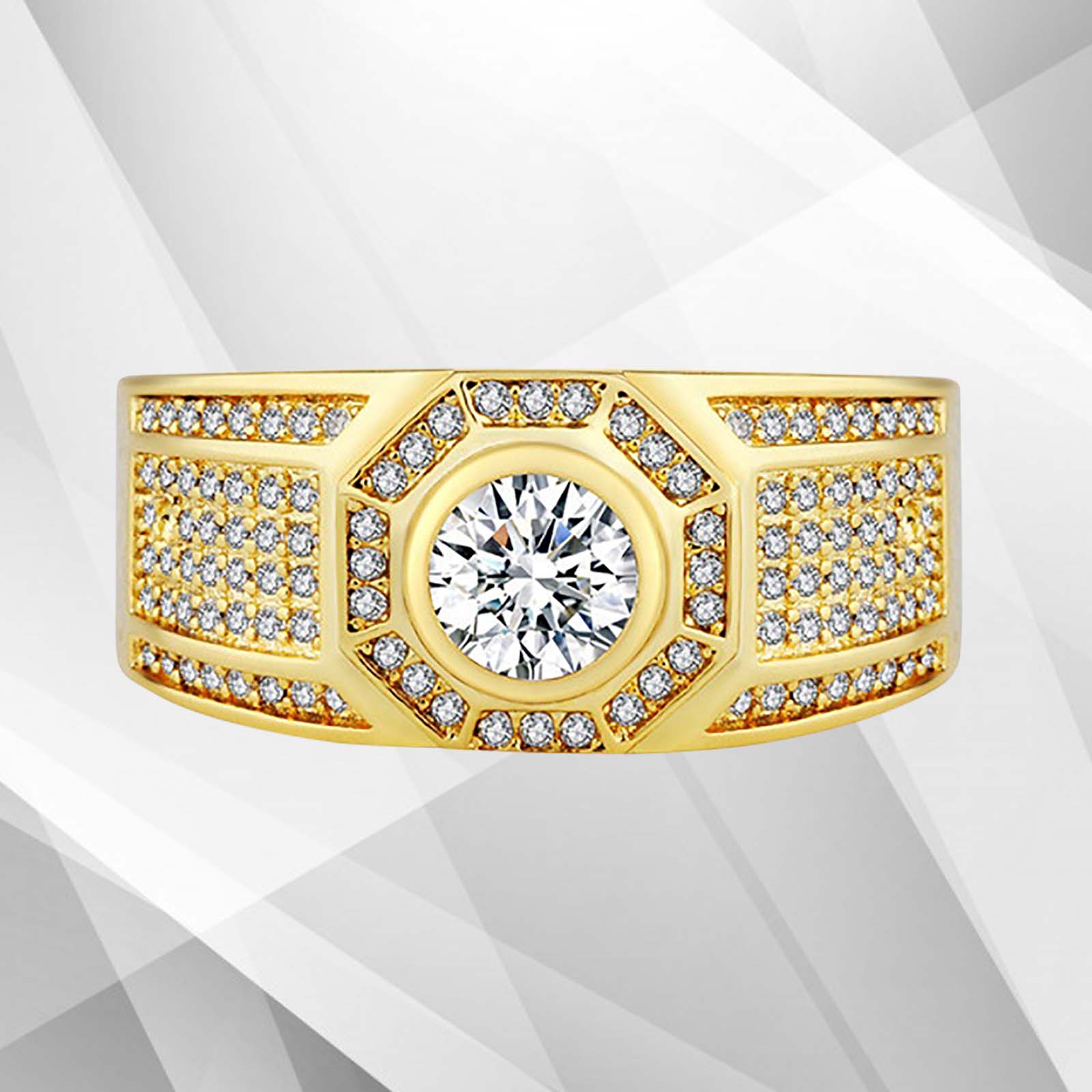 Gents 1.68Ct Total 113 CZ Diamonds Mens Band Ring in 18Ct Yellow Gold, showcasing exquisite pave and cluster settings.