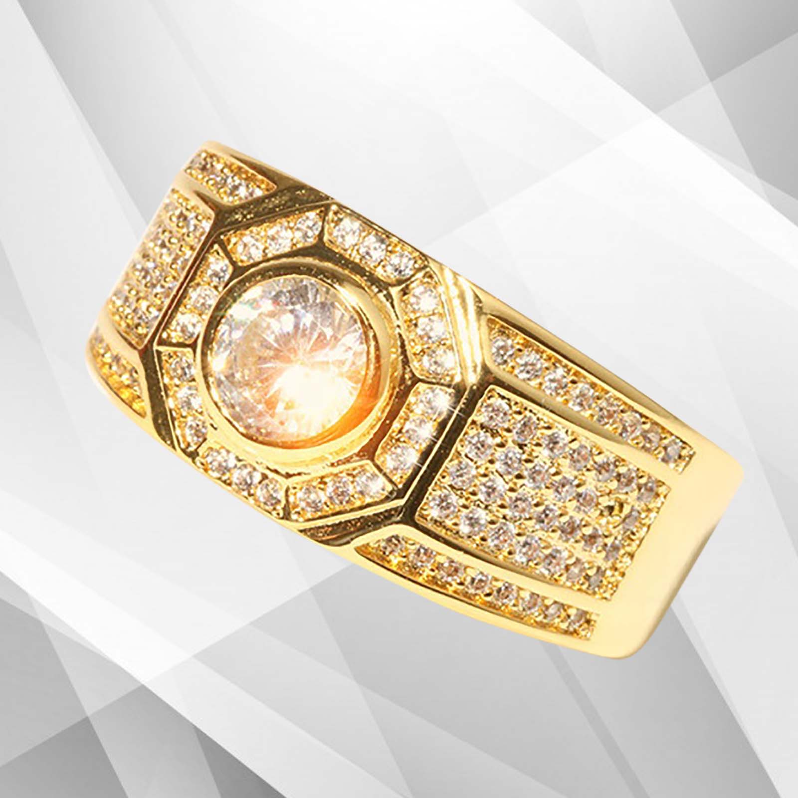 Gents 1.68Ct Total 113 CZ Diamonds Mens Band Ring in 18Ct Yellow Gold, showcasing exquisite pave and cluster settings.