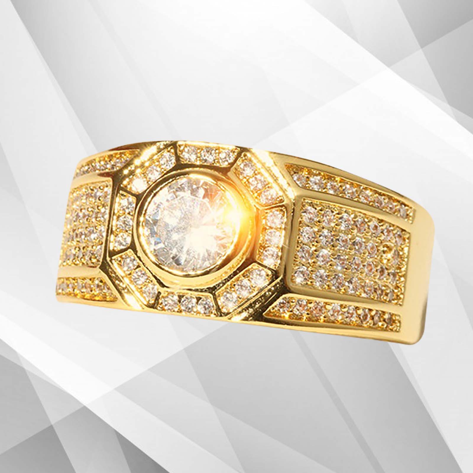 Gents 1.68Ct Total 113 CZ Diamonds Mens Band Ring in 18Ct Yellow Gold, showcasing exquisite pave and cluster settings.
