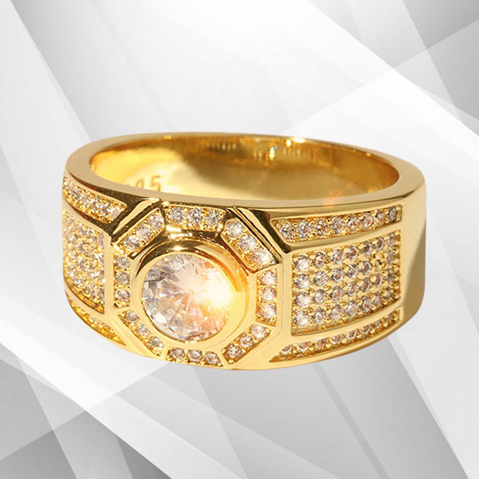Gents 1.68Ct Total 113 CZ Diamonds Mens Band Ring in 18Ct Yellow Gold, showcasing exquisite pave and cluster settings.