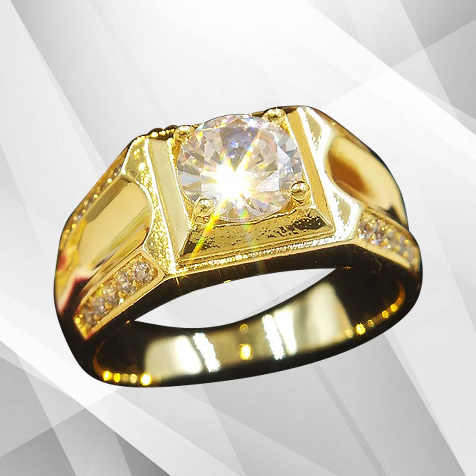 Gents 2.00Ct Round-Cut 21 CZ Diamonds Men’s Ring in 18Ct Yellow Gold, showcasing its elegant design and sparkling diamonds.