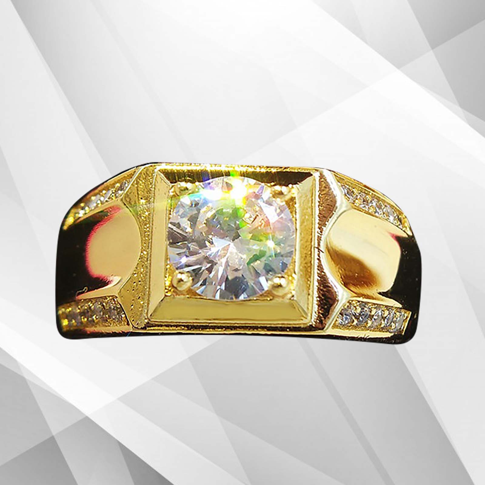 Gents 2.00Ct Round-Cut 21 CZ Diamonds Men’s Ring in 18Ct Yellow Gold, showcasing its elegant design and sparkling diamonds.