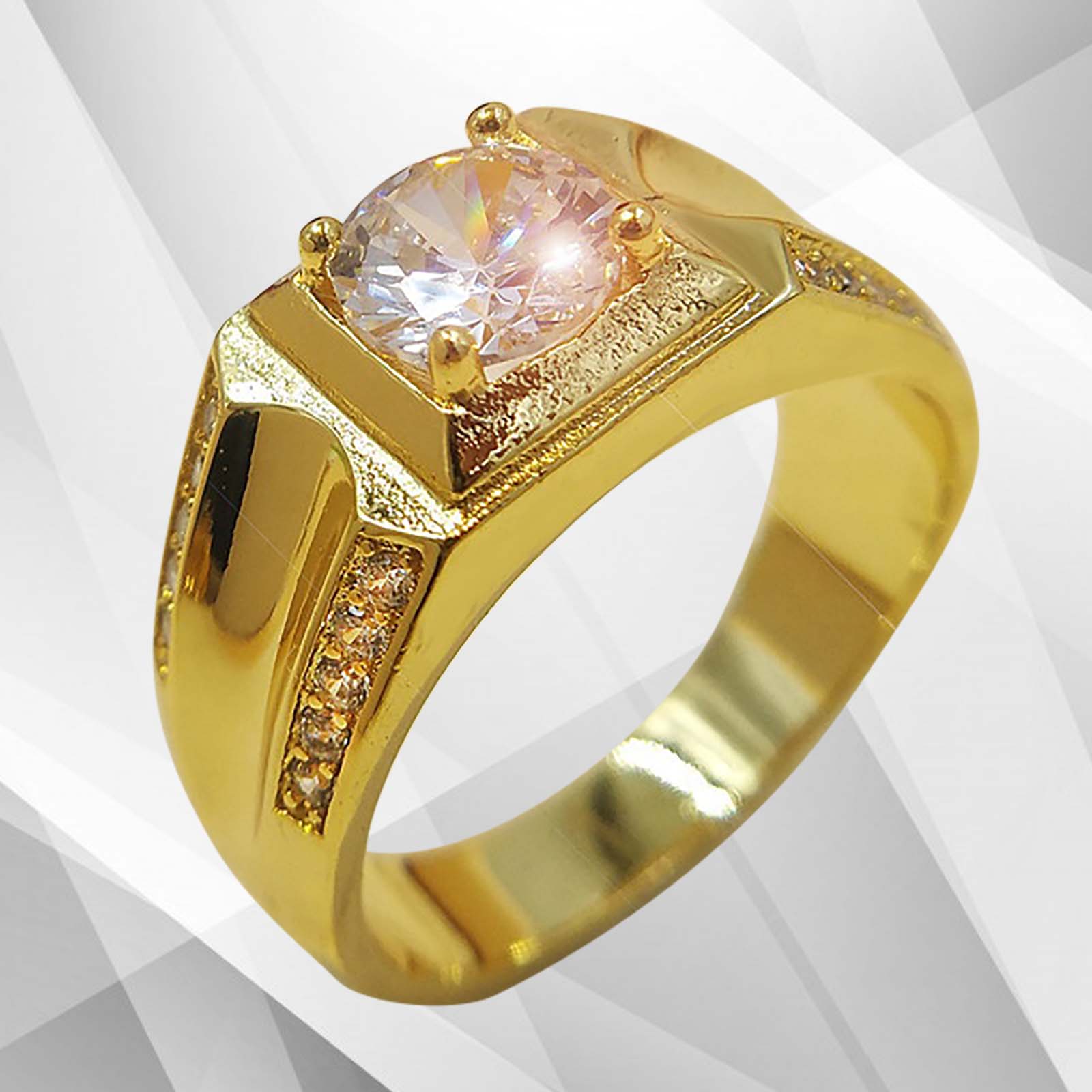 Gents 2.00Ct Round-Cut 21 CZ Diamonds Men’s Ring in 18Ct Yellow Gold, showcasing its elegant design and sparkling diamonds.