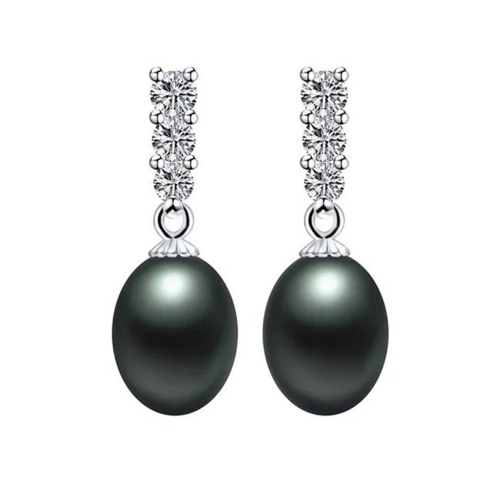 A pair of elegant drop earrings featuring genuine freshwater pearls in various colors, adorned with simulated diamonds for added sparkle.