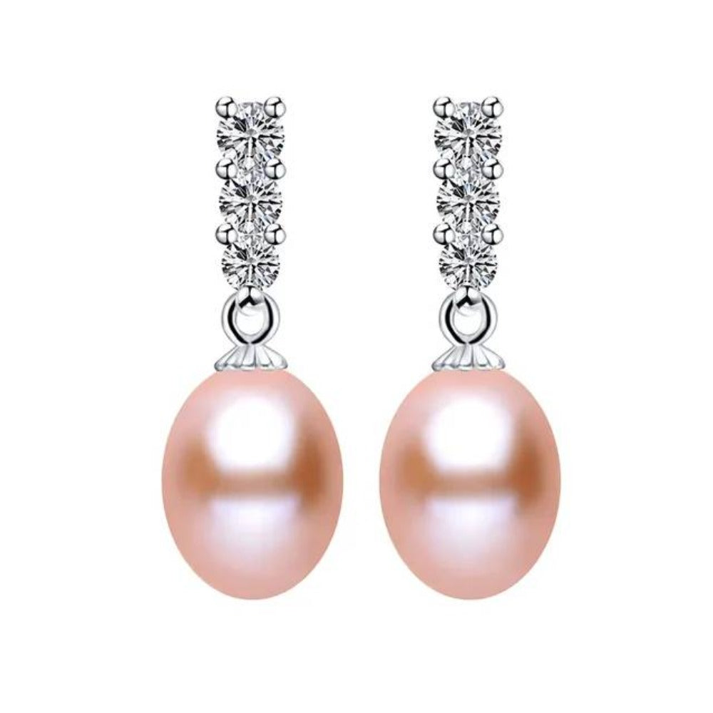 A pair of elegant drop earrings featuring genuine freshwater pearls in various colors, adorned with simulated diamonds for added sparkle.
