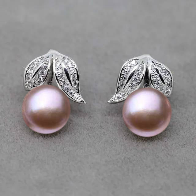 Genuine Freshwater Pearl and Simulated Diamond Leaf Stud Earrings showcasing elegant leaf design with multiple pearl color options.