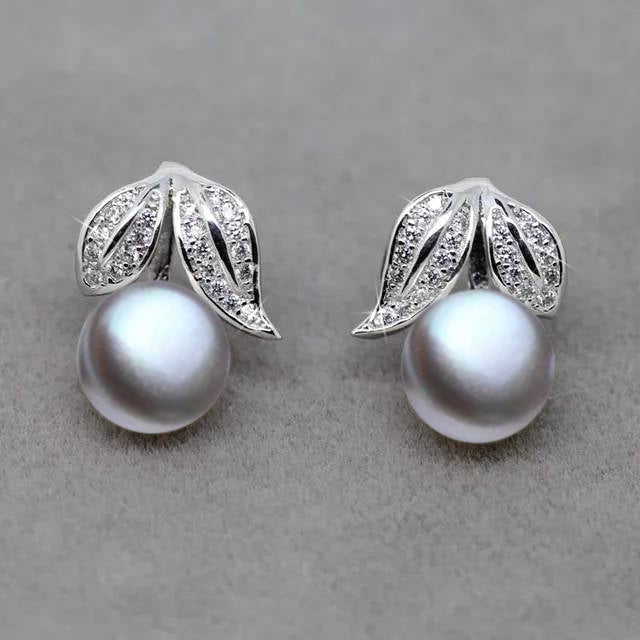 Genuine Freshwater Pearl and Simulated Diamond Leaf Stud Earrings showcasing elegant leaf design with multiple pearl color options.