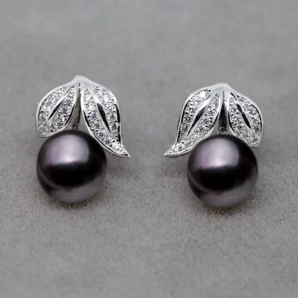 Genuine Freshwater Pearl and Simulated Diamond Leaf Stud Earrings showcasing elegant leaf design with multiple pearl color options.