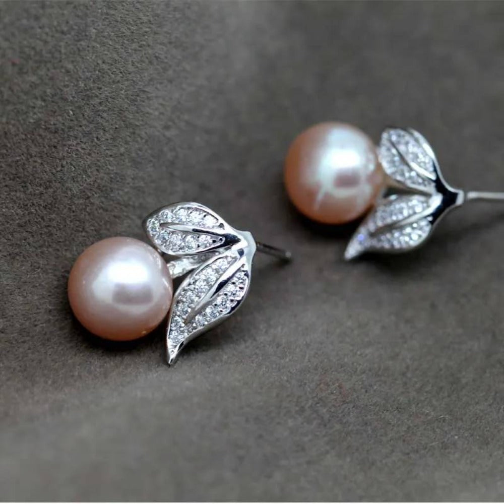 Genuine Freshwater Pearl and Simulated Diamond Leaf Stud Earrings showcasing elegant leaf design with multiple pearl color options.